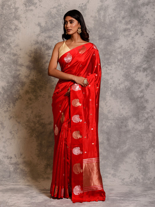 Rose Red Silk Saree with Banarsi Border