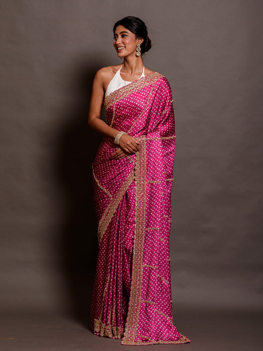 Satin Pink Chunari Print Saree for Women