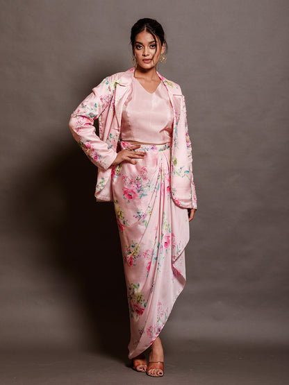 Floral Printed Satin Pink Cutdana Jacket Set with Tikki Work