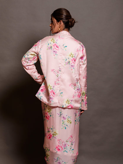 Floral Printed Satin Pink Cutdana Jacket Set with Tikki Work