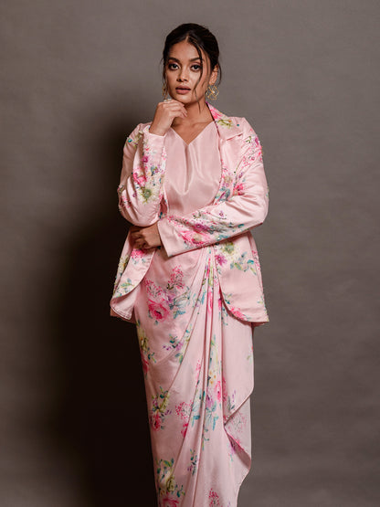 Floral Printed Satin Pink Cutdana Jacket Set with Tikki Work