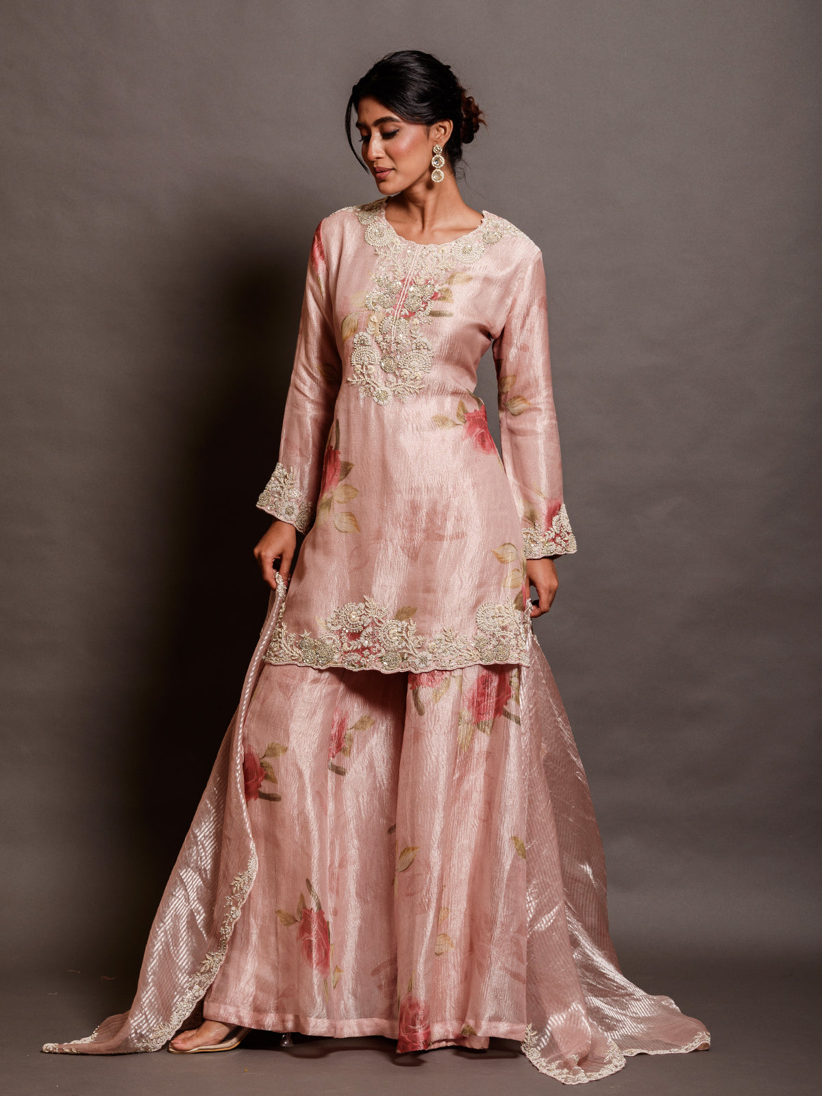 Light Pink Tissue Kurta Set Embroidered with Thread Work & Sequins