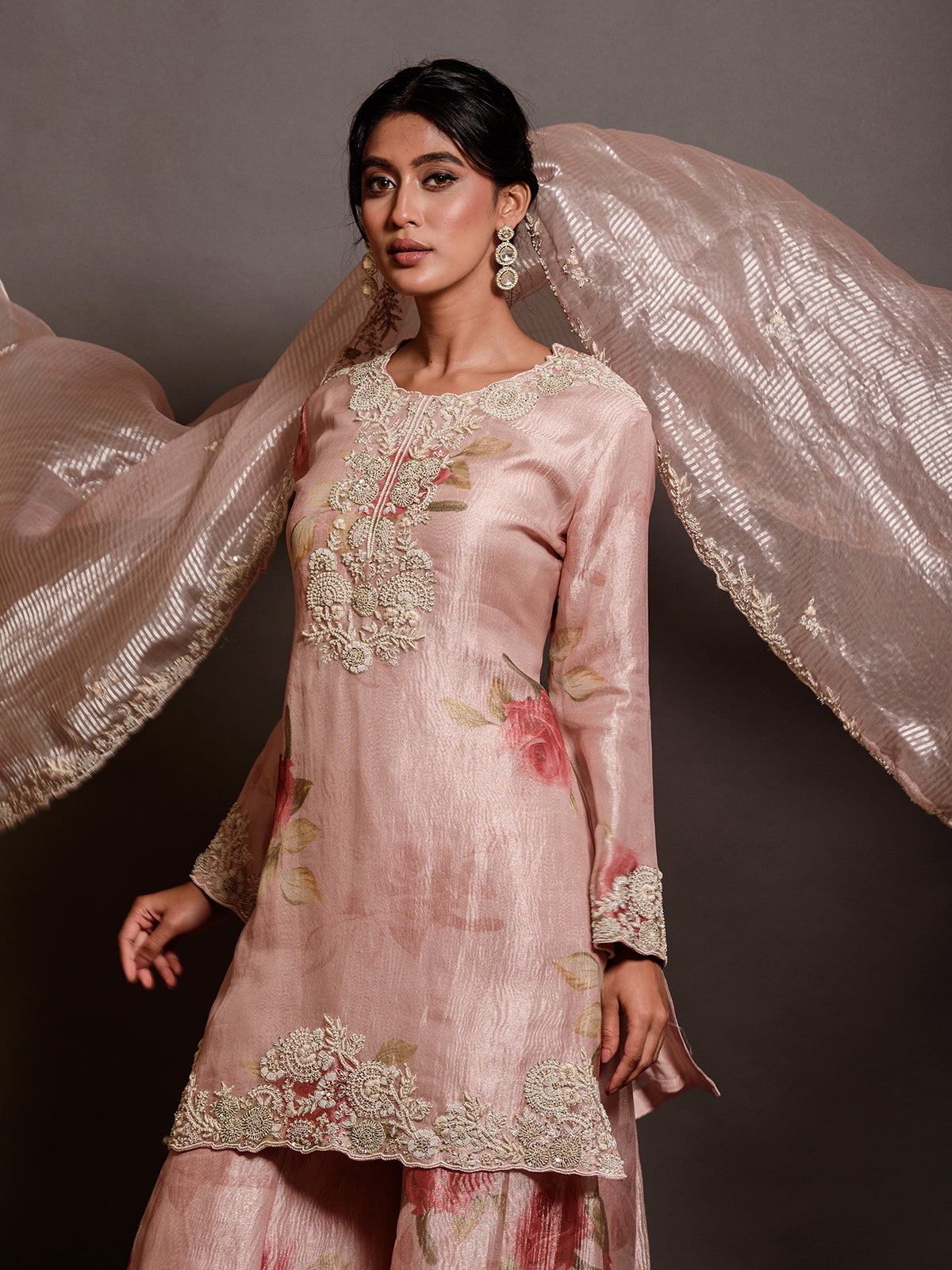Light Pink Tissue Kurta Set Embroidered with Thread Work & Sequins