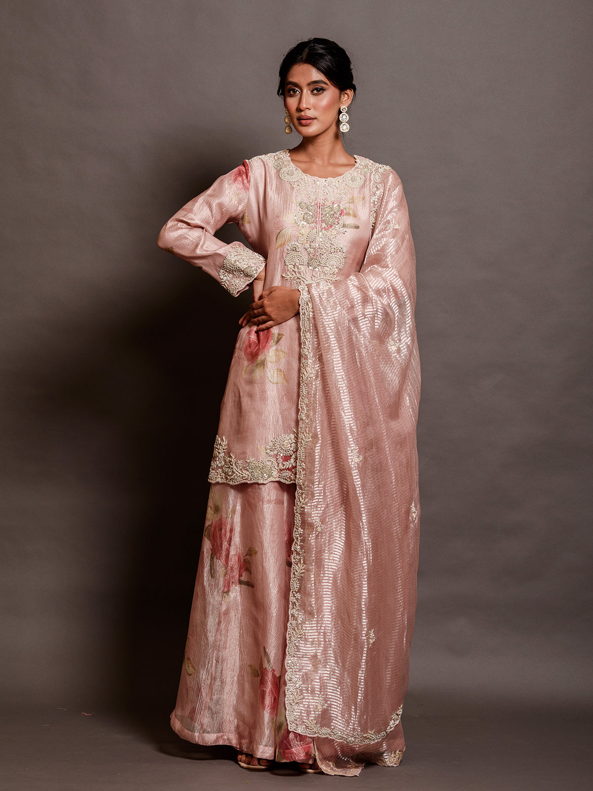 Light Pink Tissue Kurta Set Embroidered with Thread Work & Sequins