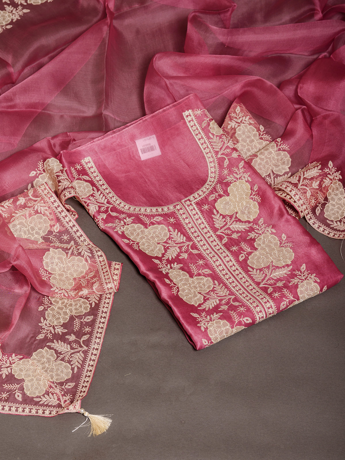 Pink Organza Kurta Set with Parsi Embroidery - Unstitched