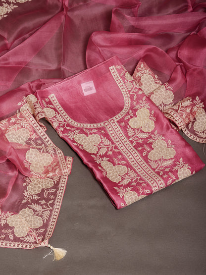 Pink Organza Kurta Set with Parsi Embroidery - Unstitched