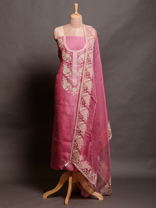 Pink Organza Kurta Set with Parsi Embroidery - Unstitched