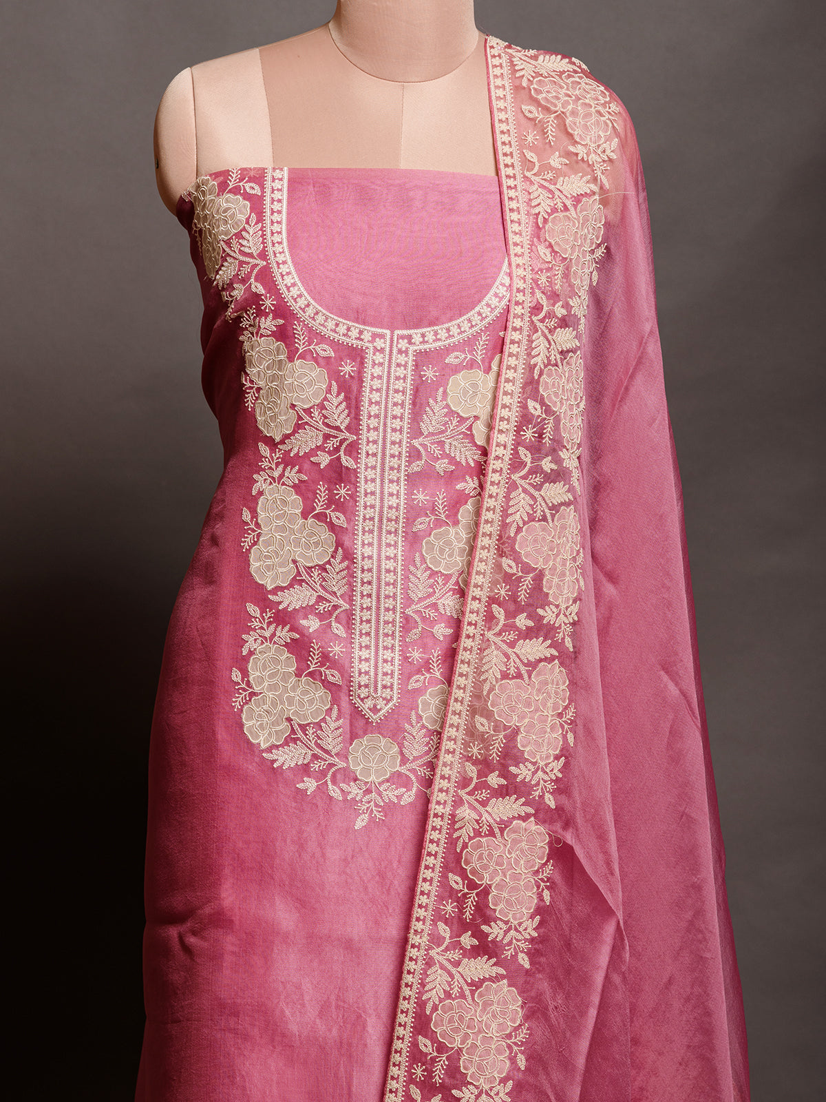 Pink Organza Kurta Set with Parsi Embroidery - Unstitched