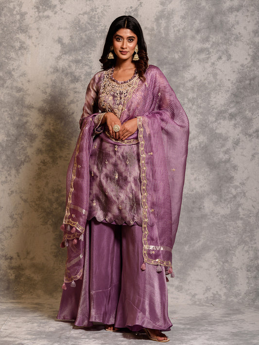 Purple Tissue Kurta Set Embroidered with Dabka & Thread Work