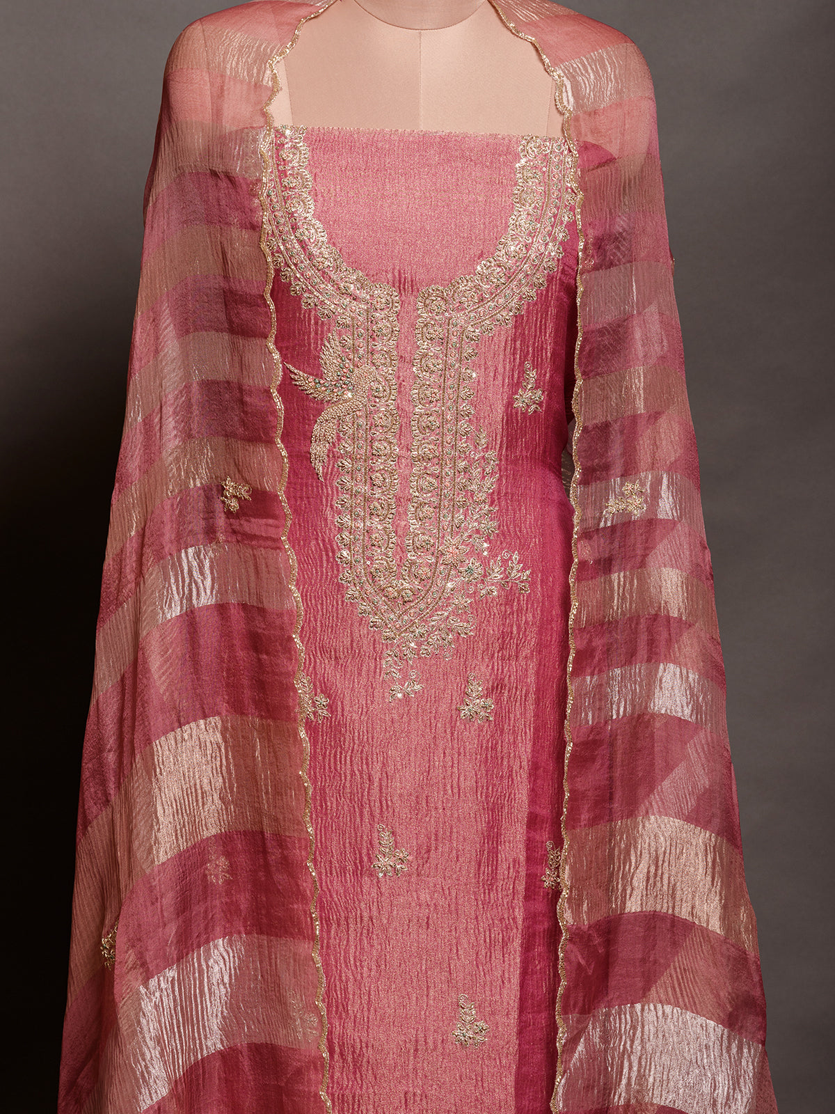 Blush Pink Unstitched Kurta Set with Zardozi Work