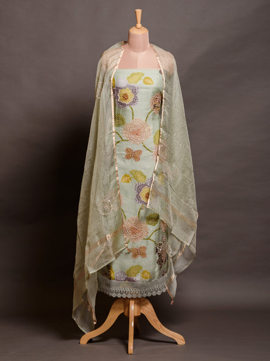 Printed Green Kurta Set with Tikki & Cutdana Highlight - Unstitched