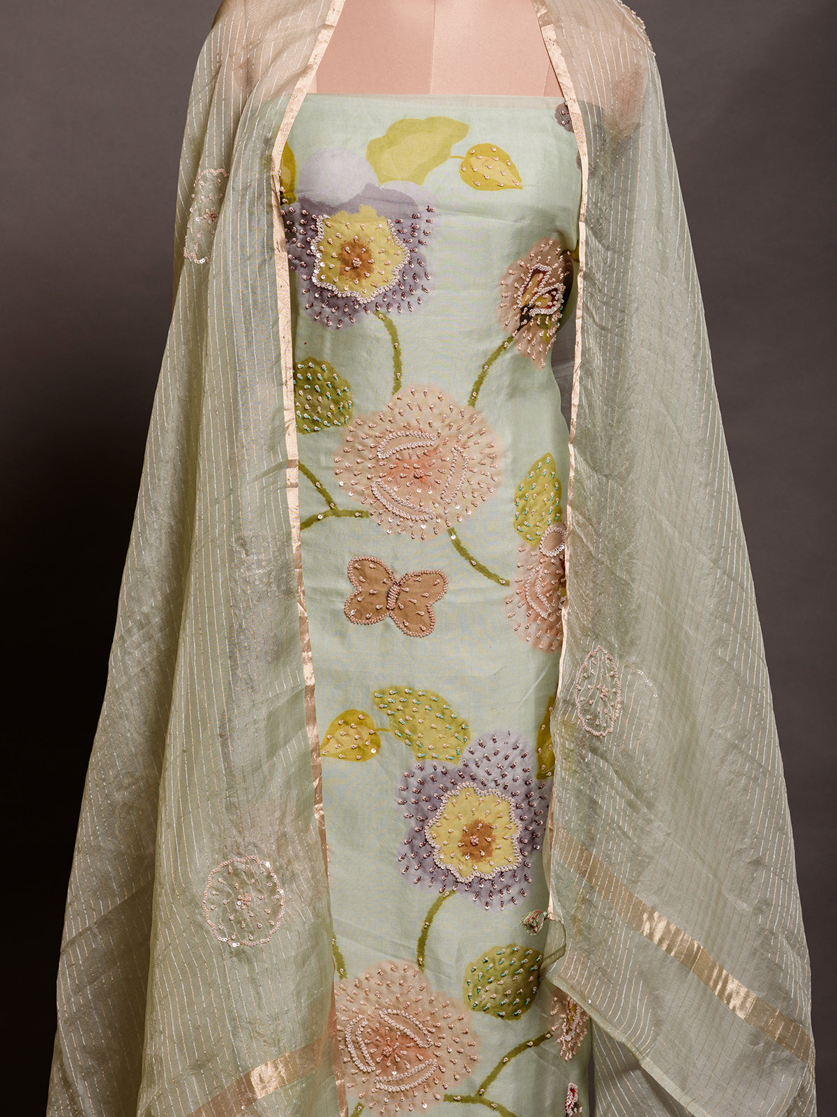 Printed Green Kurta Set with Tikki & Cutdana Highlight - Unstitched