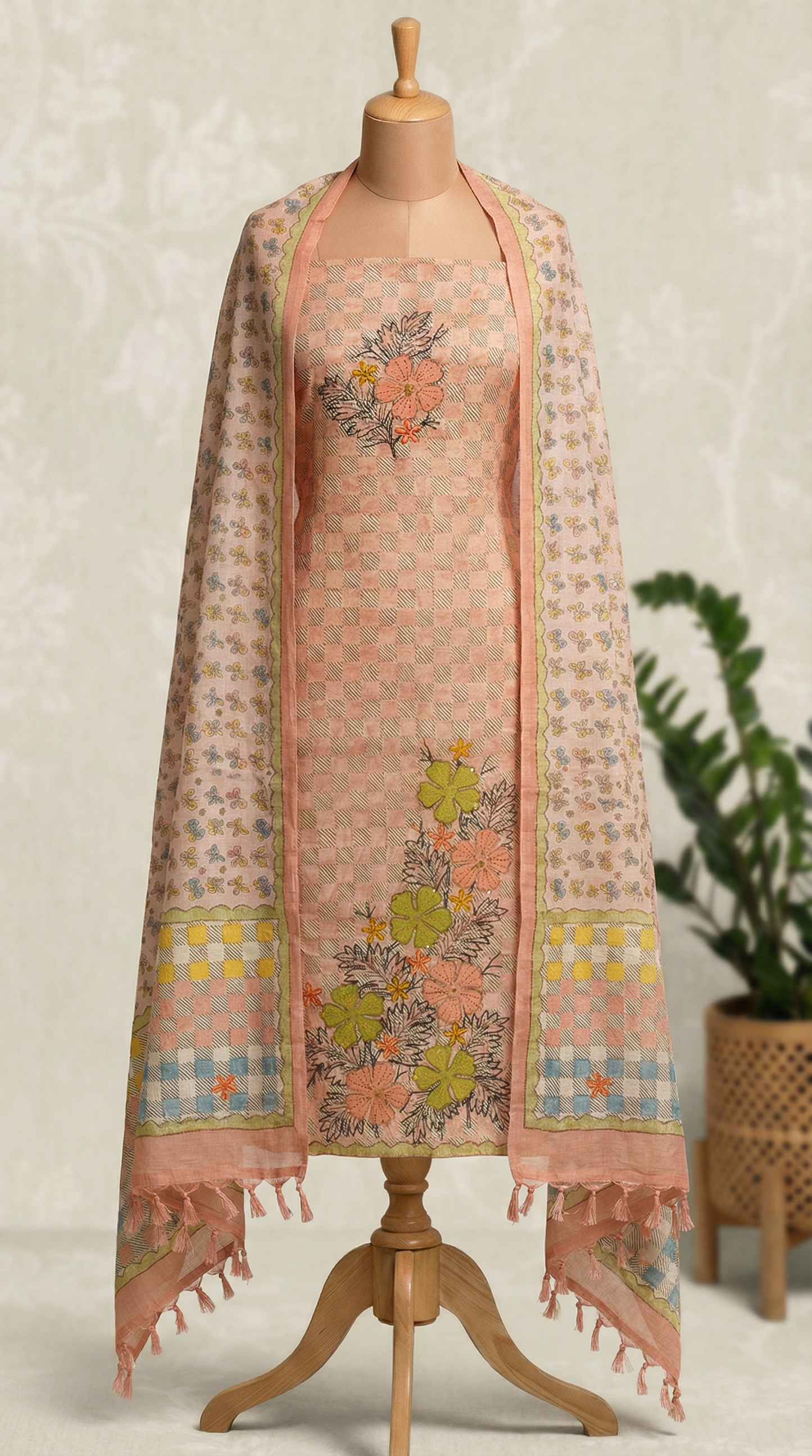 Resham Embroidery Peach Pink Jute Cotton Unstitched Suit Set