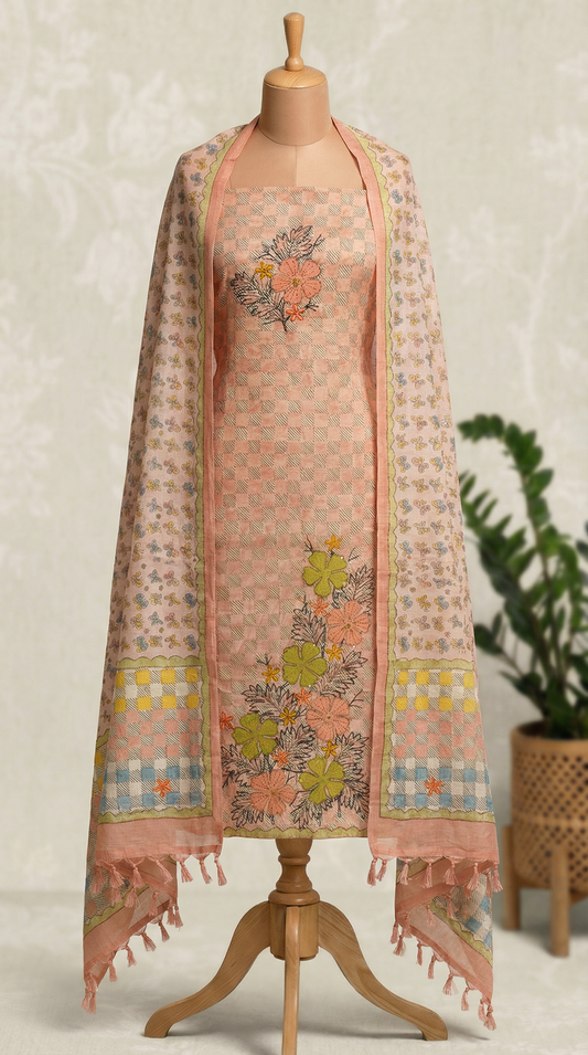 Resham Embroidery Peach Pink Jute Cotton Unstitched Suit Set