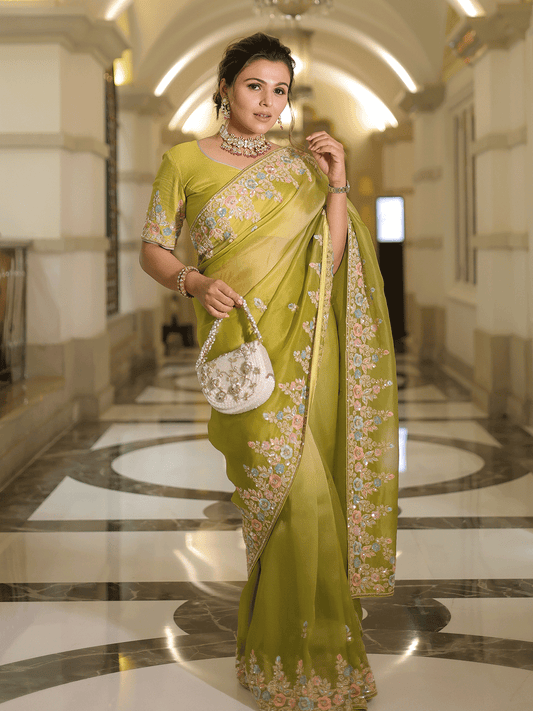 Tina Kakkad in Emerald Green Tissue Saree with Resham & Sequins Details