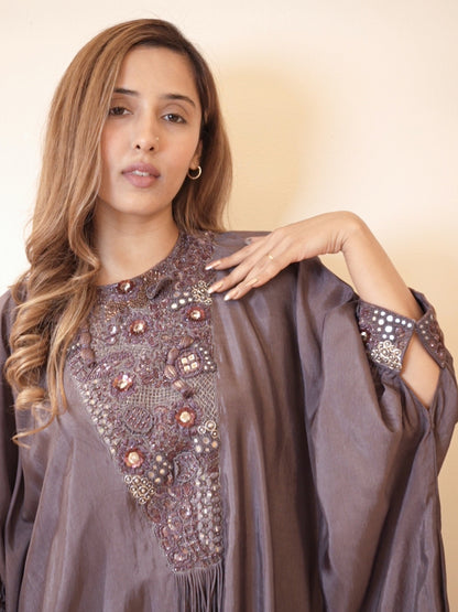 Purple Silk Kaftan Kurta Pant Set