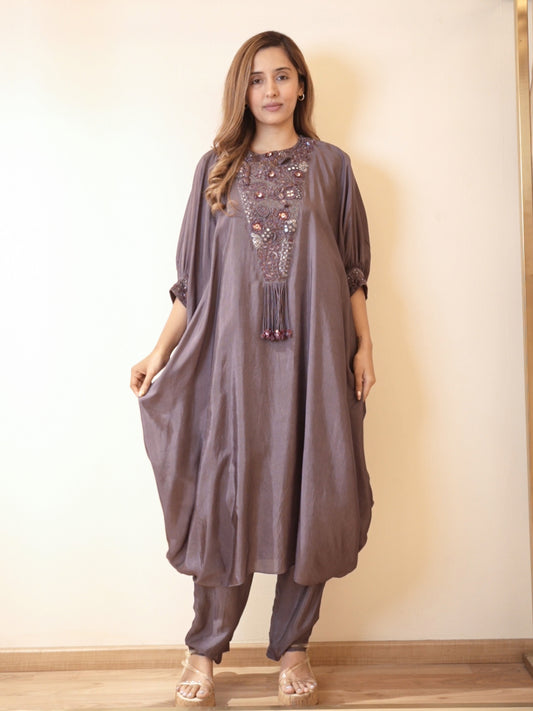 Purple Silk Kaftan Kurta Pant Set