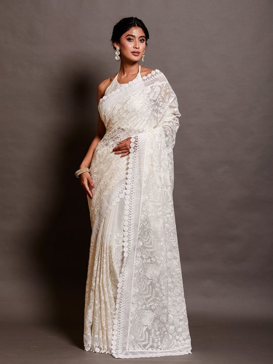 Pearl White Organza Chikankari Embroidered Saree