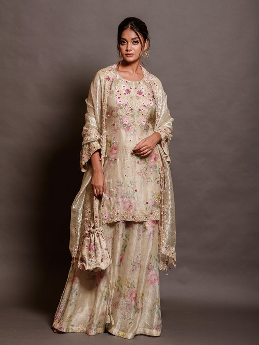 Elegant Cream White Tissue Kurta Set Detailed with Sequins