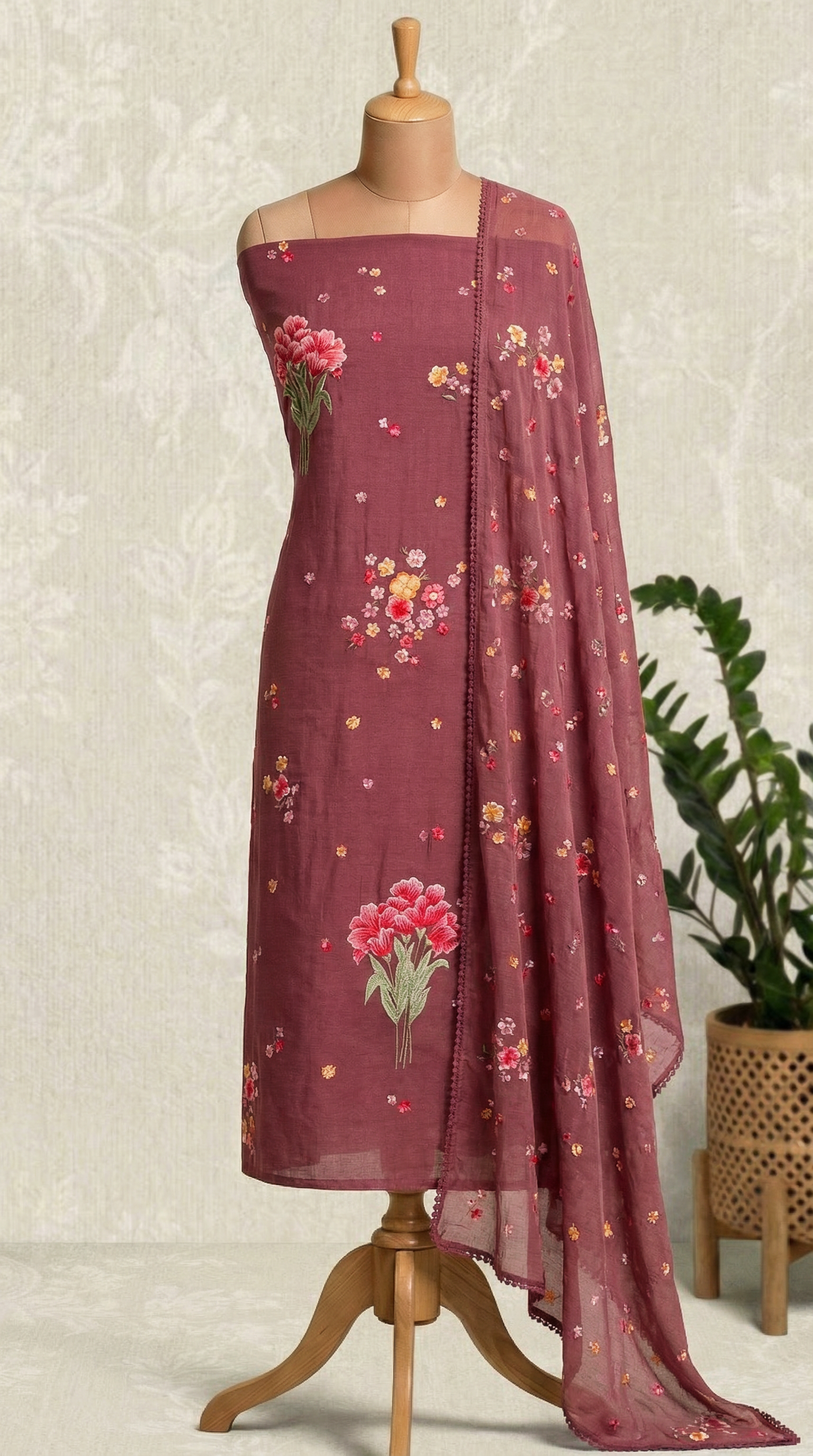 Mauve Purple Resham Embroidery Mul Mul Unstitched Suit Set