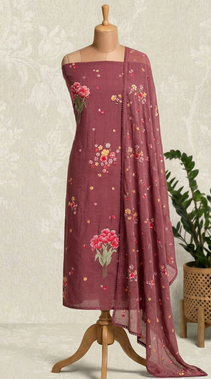 Mauve Purple Resham Embroidery Mul Mul Unstitched Suit Set