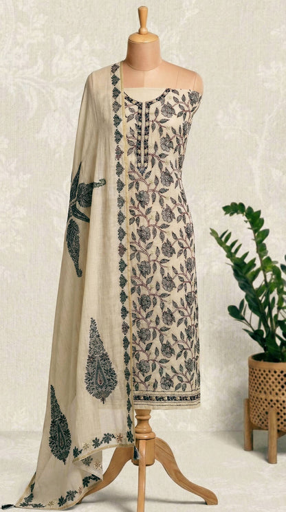 Resham Embroidery Beige & Black chanderi Unstitched Suit Set