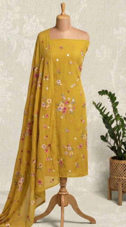 Resham Embroidery Mustard Mul mul Unstitched Suit Set
