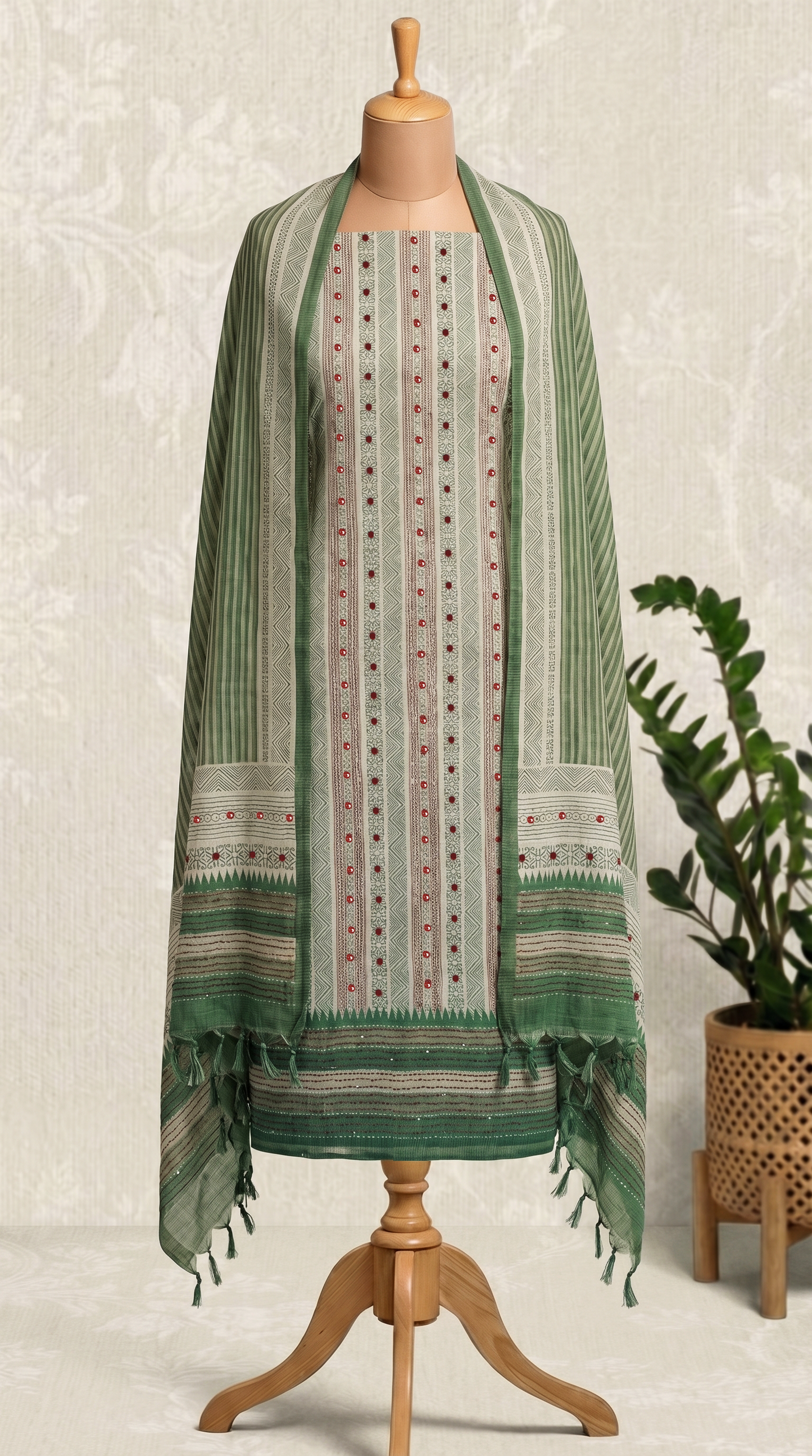 Resham Embroidery Green Jute Cotton Unstitched Suit Set