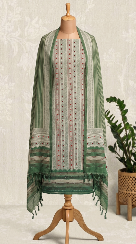Resham Embroidery Green Jute Cotton Unstitched Suit Set