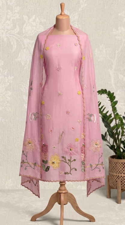Powder Pink 3D Applique Mul mul Unstitched Suit Set