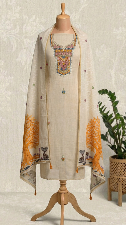 Resham Embroidery Beige &Tangy Orange chanderi Unstitched Suit Set