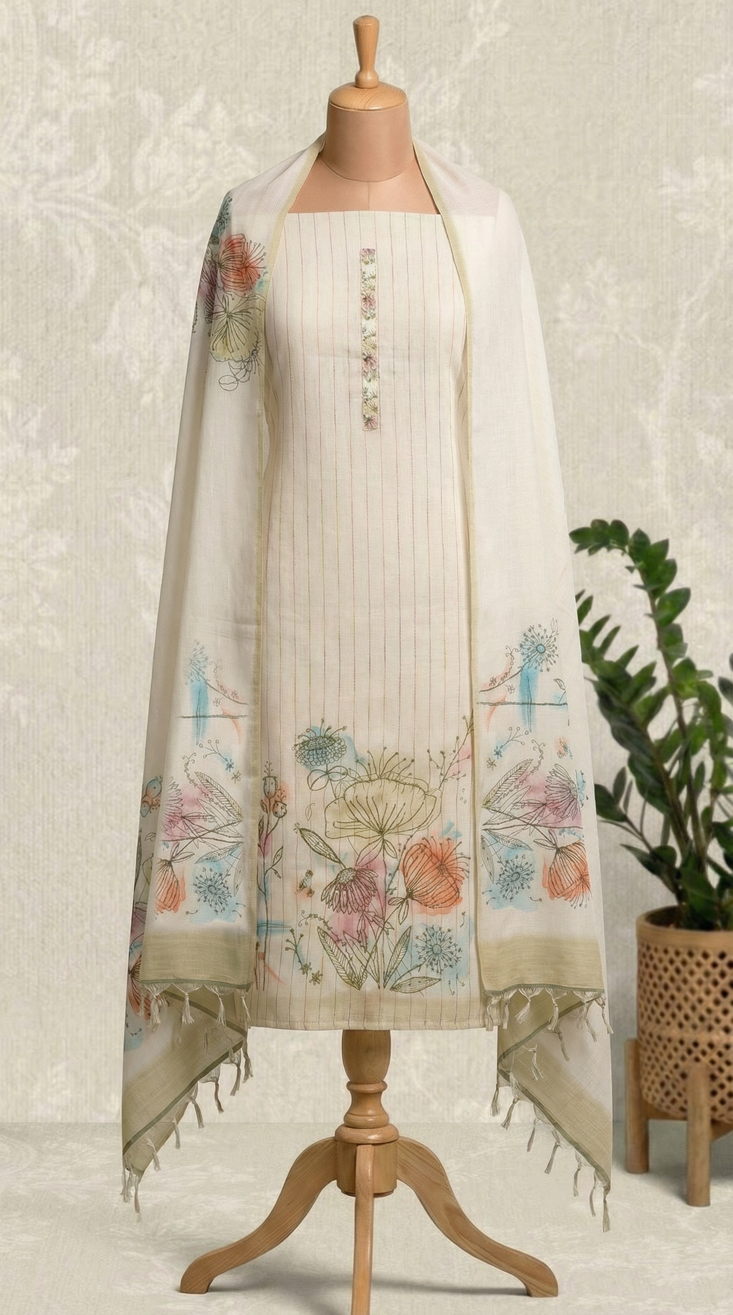 Resham Embroidery White Jute Cotton Unstitched Suit Set
