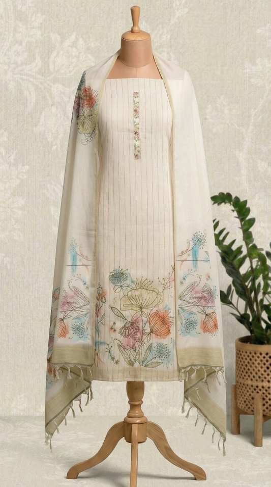 Resham Embroidery White Jute Cotton Unstitched Suit Set