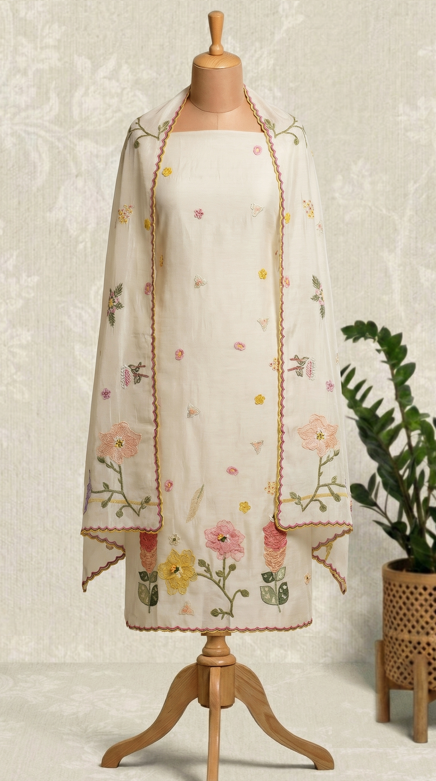 Ivory 3D Applique Mul mul Unstitched Suit Set