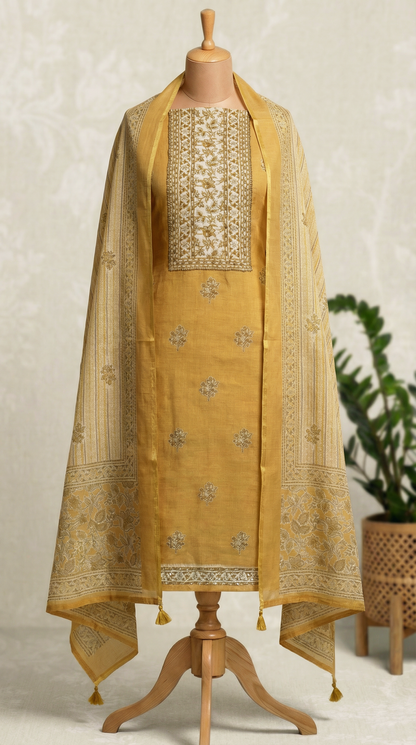 Resham Embroidery Yellow Jute Cotton Unstitched Suit Set