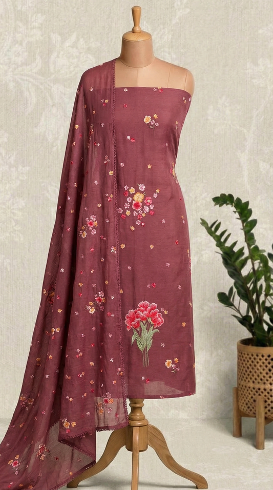 Mauve Purple Resham Embroidery Mul Mul Unstitched Suit Set