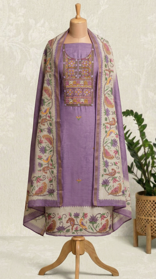 Resham Embroidery Lilac Chanderi Unstitched Suit Set