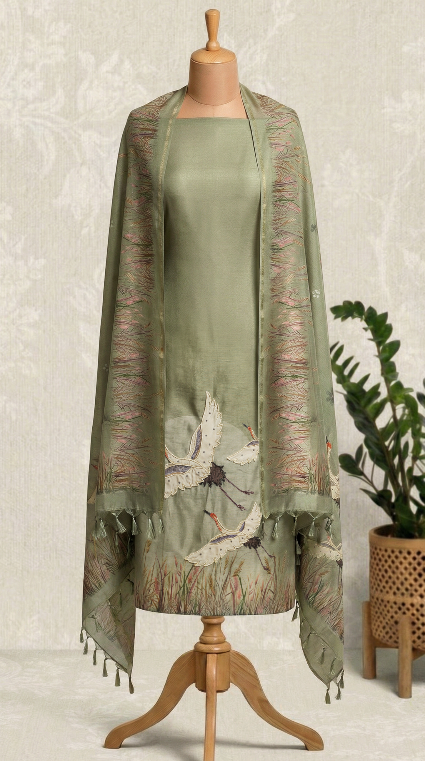 Sage Green Chanderi Unstitched Suit Set