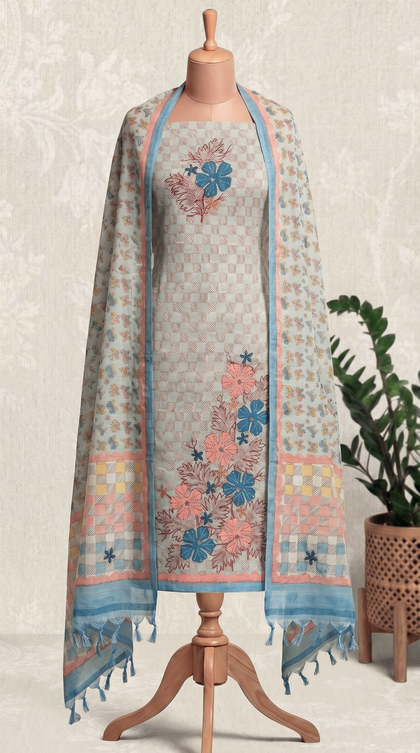 Resham Embroidery Powder Blue Jute Cotton Unstitched Suit Set