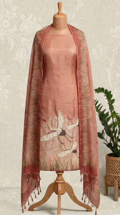 Peach Chanderi Unstitched Suit Set