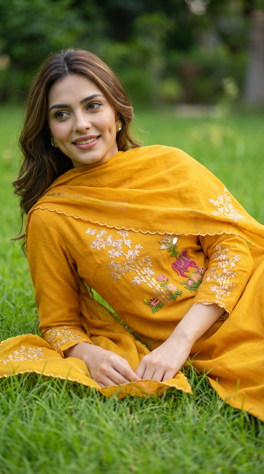 Mango Yellow Mul mul Stitched Suit Set