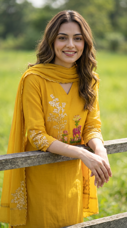 Mango Yellow Mul mul Stitched Suit Set