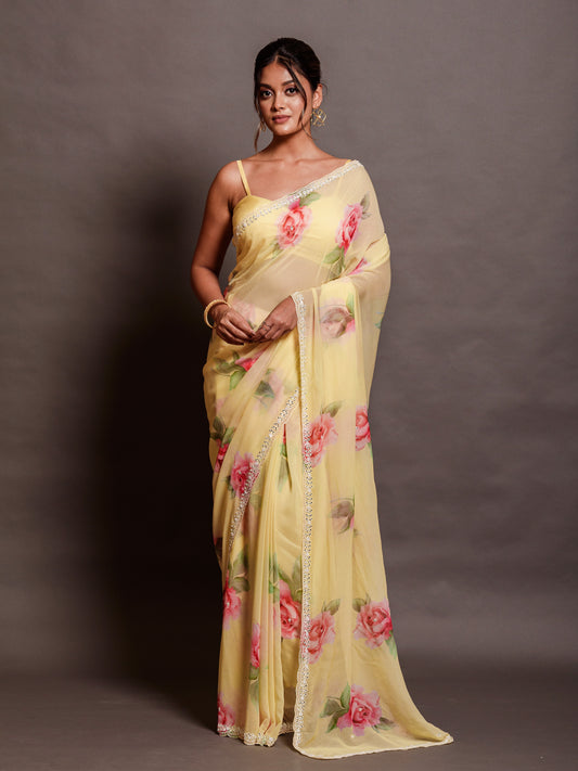 Yellow Printed Chiffon Saree with Mirror Work