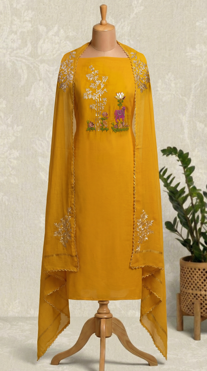 Mango Yellow Mul mul Unstitched Suit Set