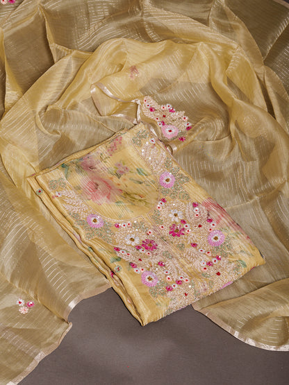 Yellow Embroidered Tissue Kurta Set with Sequins - Unstitched