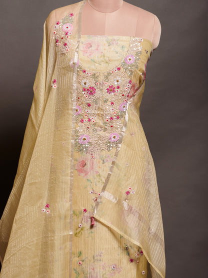 Yellow Embroidered Tissue Kurta Set with Sequins - Unstitched