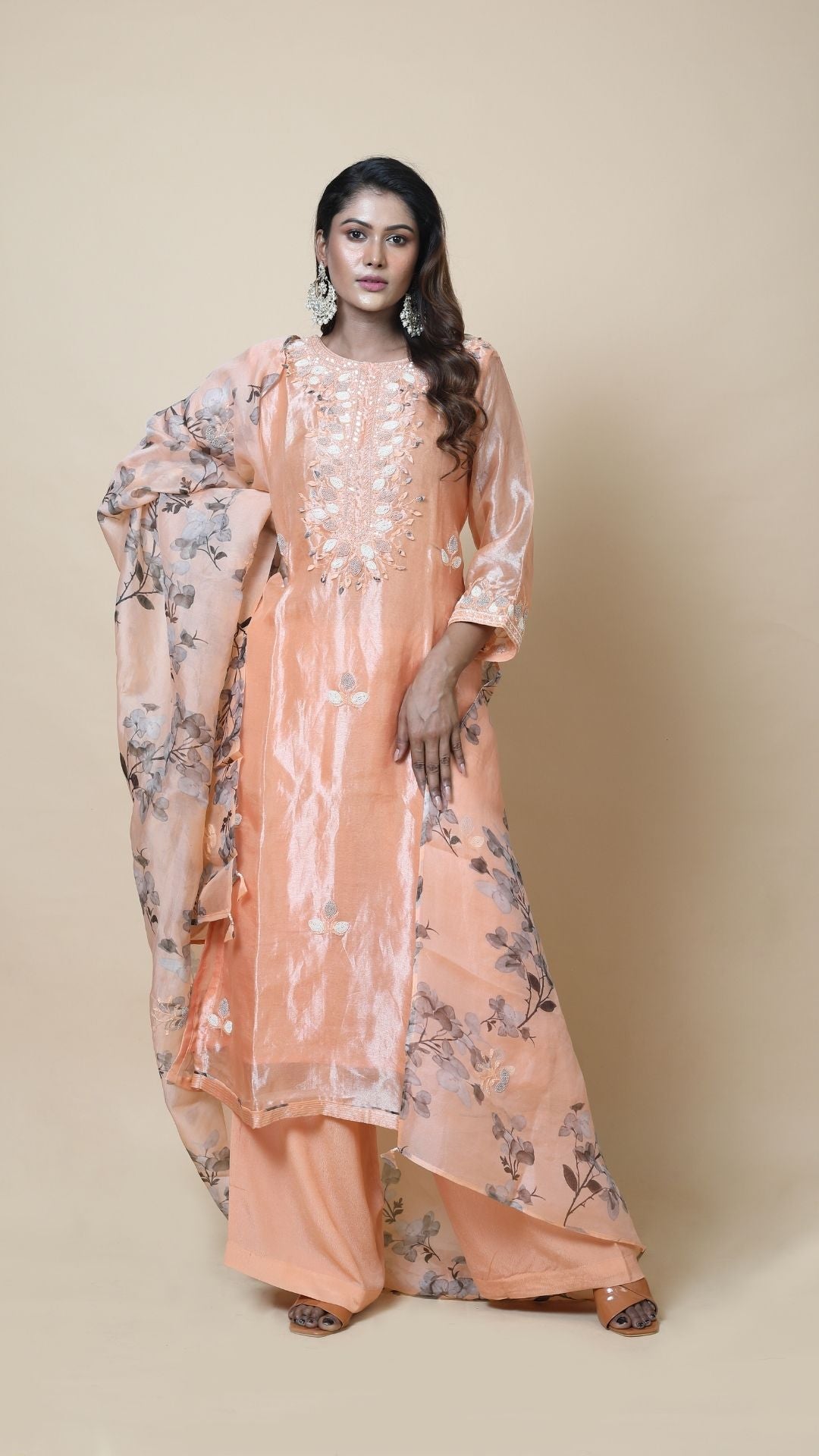 Aisha Peach Embroidered Organza Suit