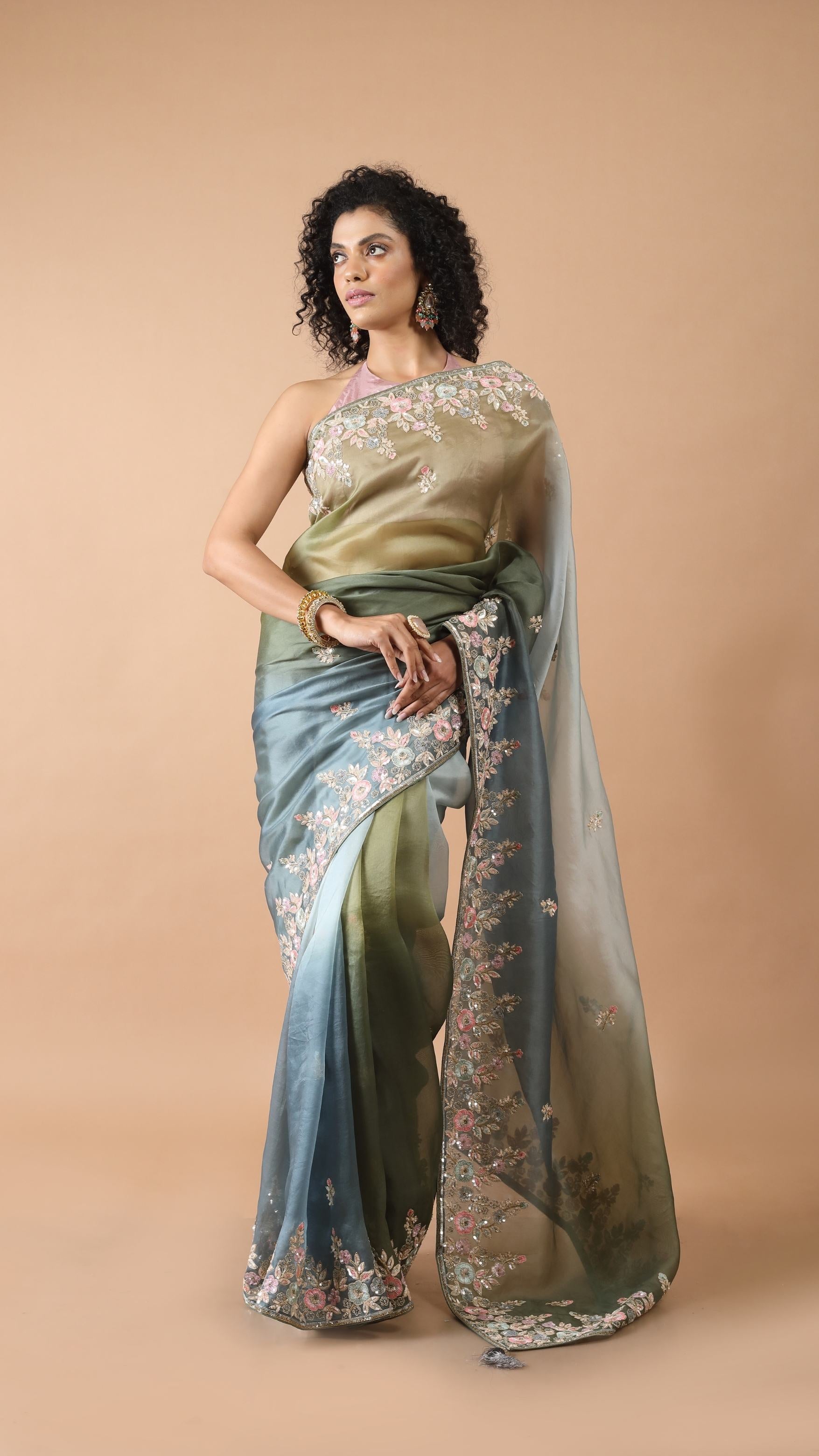 Aisha - Hunter Green2d Sequin Embellished Organza Saree