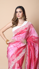 Leheriya Edit Sorbet Pink Saree with Intricate Embroidered Border
