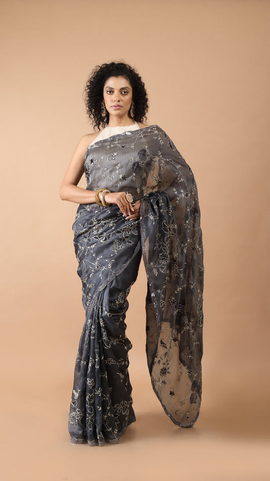 Midnight Grey Sequinned Saree with Thread Work